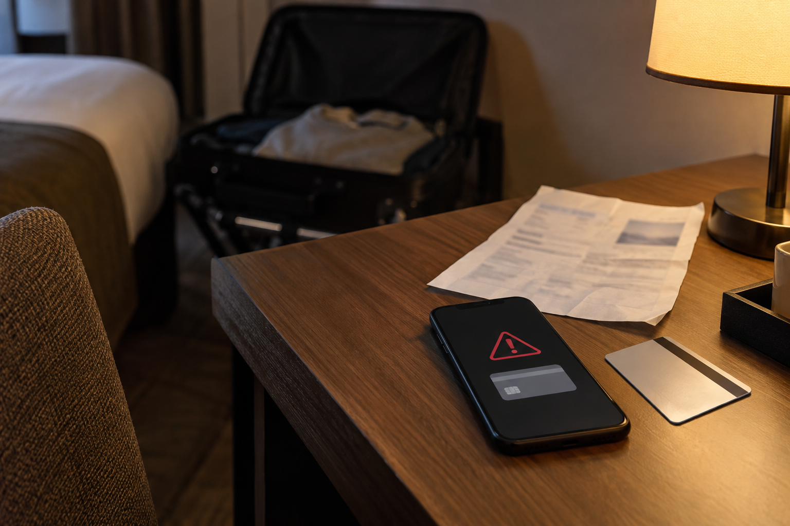 Téléphone affichant une alerte de paiement dans une chambre d’hôtel, sans personne
