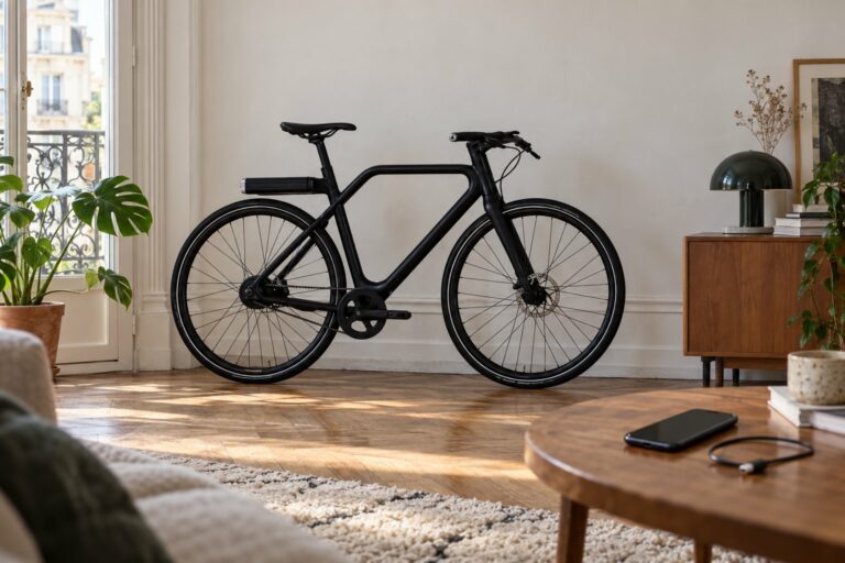 Vélo électrique noir inspiré de l’Angell Rapide de première génération, avec un téléphone et un câble sur une table