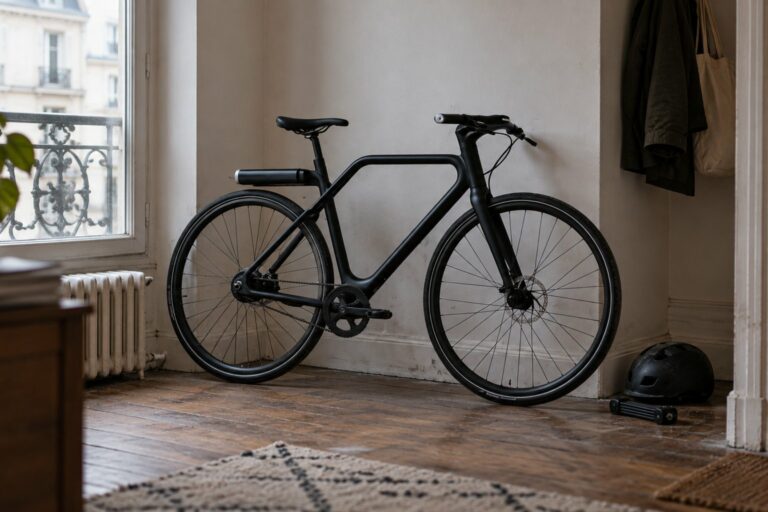 Vélo électrique noir inspiré de l’Angell Rapide de première génération, immobilisé dans un appartement