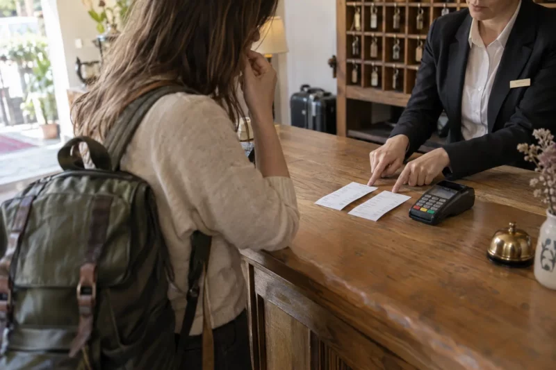 Une cliente compare deux reçus identiques à la réception d’un hôtel