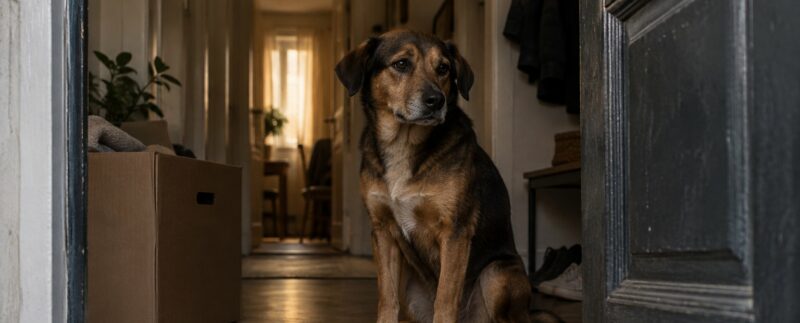 Chien assis dans l’entrée d’un logement, près d’un carton de déménagement et d’une laisse