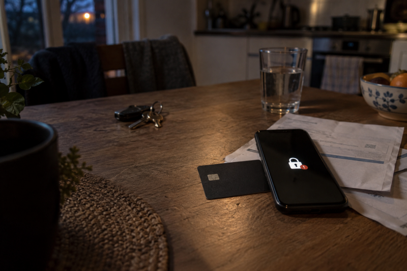 Téléphone affichant un cadenas à côté d’une carte bancaire et de factures, sans personne