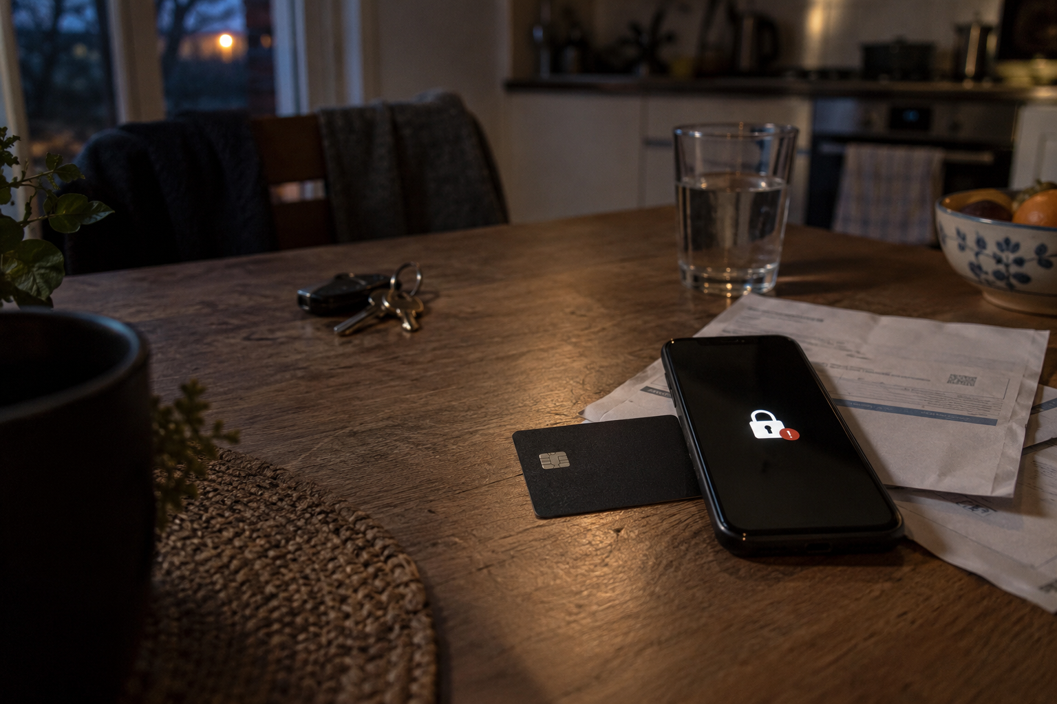 Téléphone affichant un cadenas à côté d’une carte bancaire et de factures, sans personne