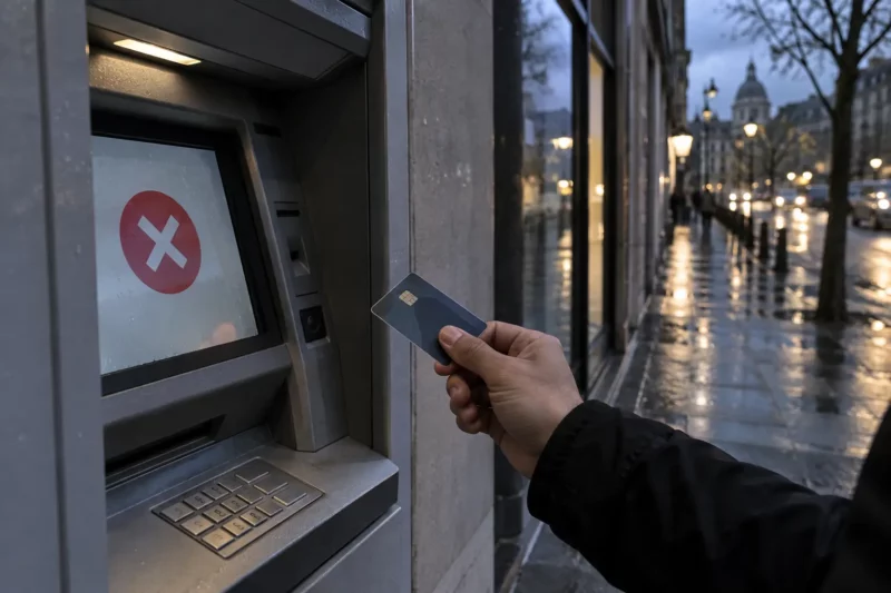 Une carte bancaire refusée devant un distributeur automatique