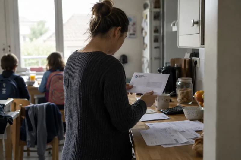 Une mère isolée consulte un courrier fiscal pendant que ses enfants prennent leur petit-déjeuner