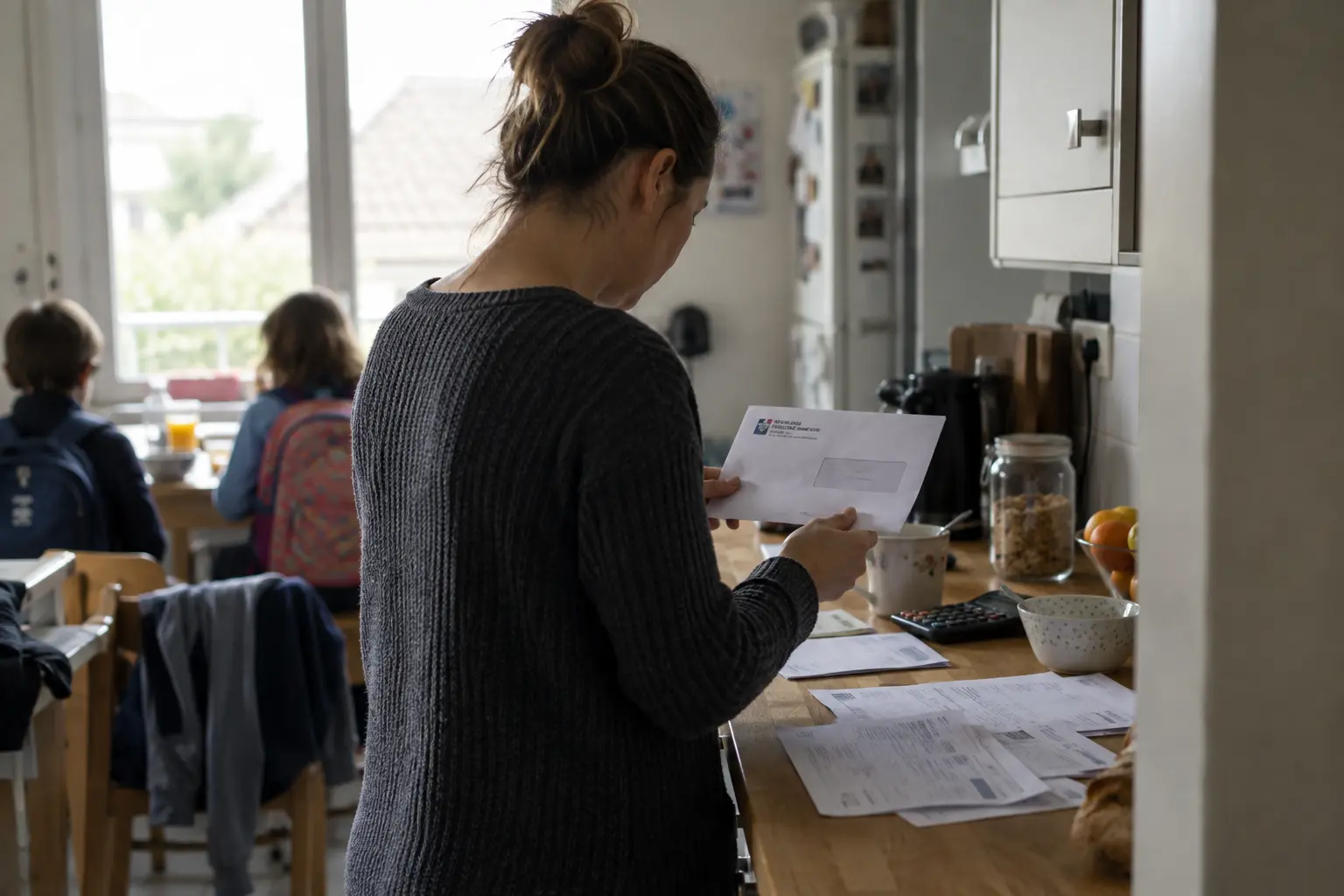 Une mère isolée consulte un courrier fiscal pendant que ses enfants prennent leur petit-déjeuner