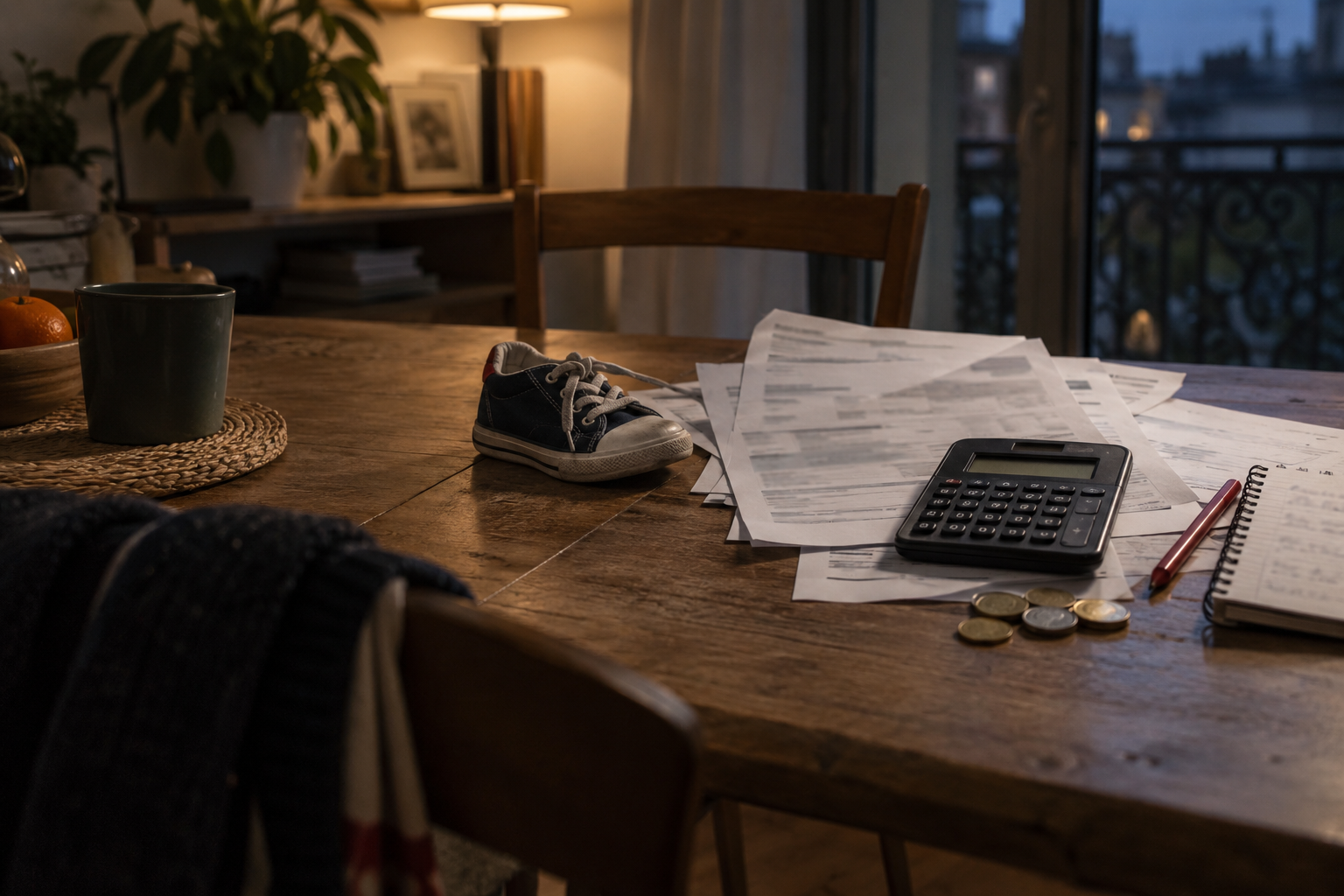 Factures, calculatrice, pièces de monnaie et chaussure d’enfant sur une table, illustration de la pression fiscale sur les mères isolées
