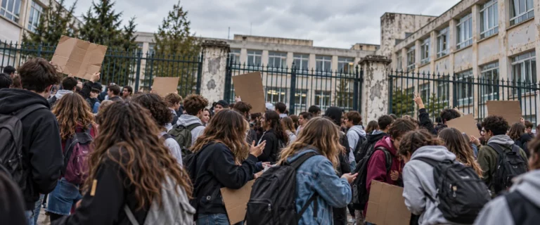 Lycéens rassemblés en groupes devant les grilles d’un établissement, avec des pancartes tenues à différentes hauteurs.