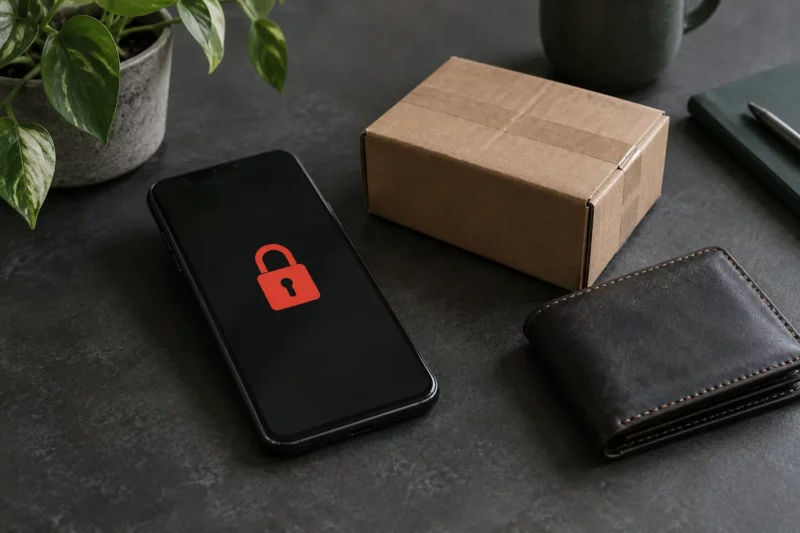 Téléphone affichant un cadenas, colis et portefeuille : un compte de vente en ligne bloqué