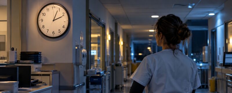 Une professionnelle de nuit regarde une horloge dans un couloir éclairé.