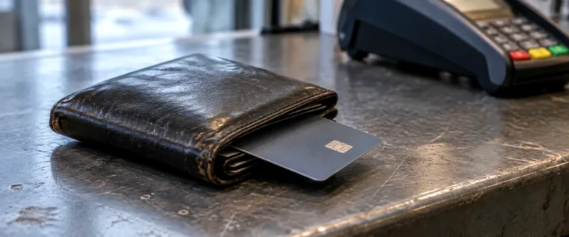 Portefeuille et carte bancaire posés près d’un terminal de paiement sur un comptoir.