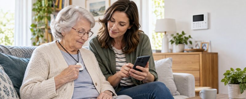 Une personne âgée teste son médaillon de téléassistance avec l’aide d’une proche utilisant un téléphone.