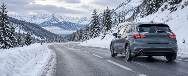 Voiture circulant sur une route de montagne dégagée, bordée de neige et de sapins.