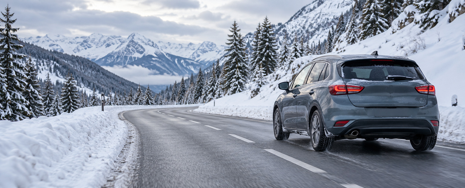 Voiture circulant sur une route de montagne dégagée, bordée de neige et de sapins.
