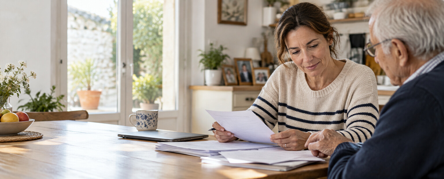 Une proche aidante examine des documents de retraite avec un parent âgé dans une cuisine lumineuse. Scène illustrative.