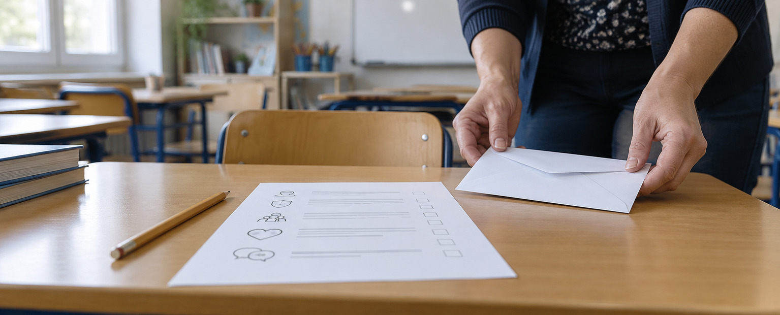 Questionnaire papier, crayon et enveloppe posés sur une table dans une salle de classe.