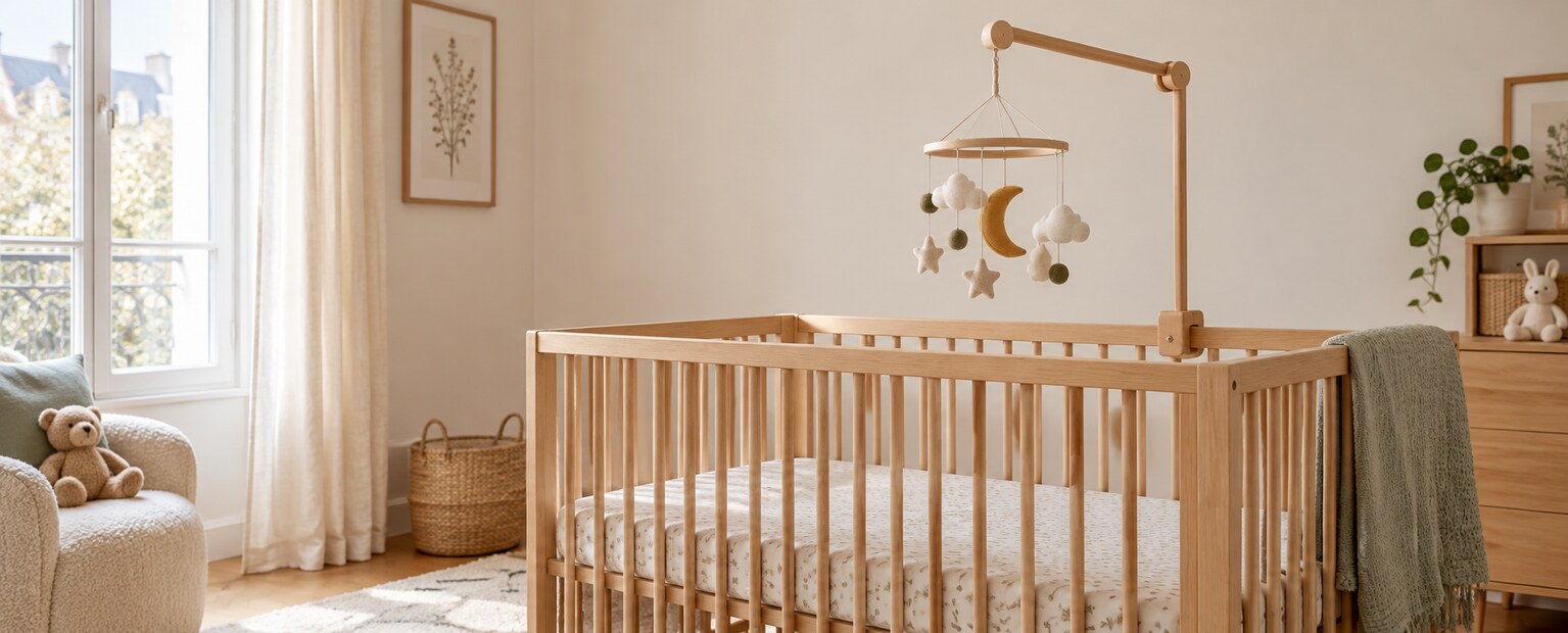 Un berceau en bois équipé d’un support de mobile dans une chambre d’enfant.