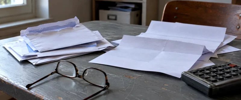 Courriers, lunettes et calculatrice sur une table pour vérifier une pension de retraite.