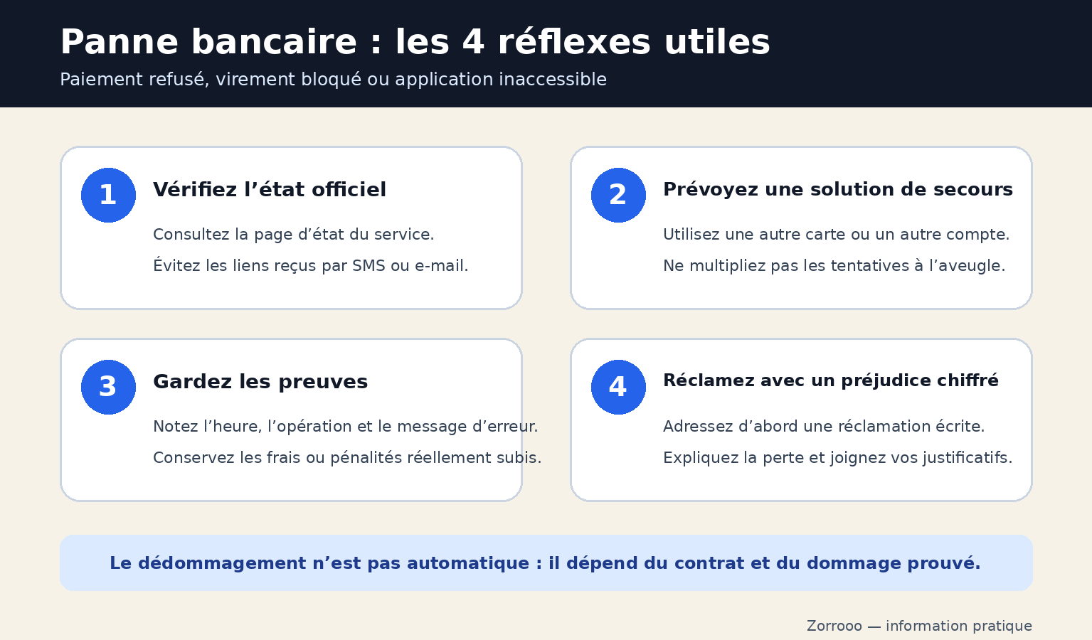 Infographie : vérifier l’état officiel, prévoir un autre moyen de paiement, garder les preuves et réclamer avec un préjudice chiffré.