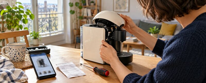 Acheteuse examinant un petit appareil électroménager d’occasion défectueux.