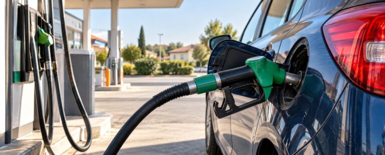 Un pistolet de carburant est inséré dans le réservoir d’une voiture bleue, dans une station-service ensoleillée, sans personne.