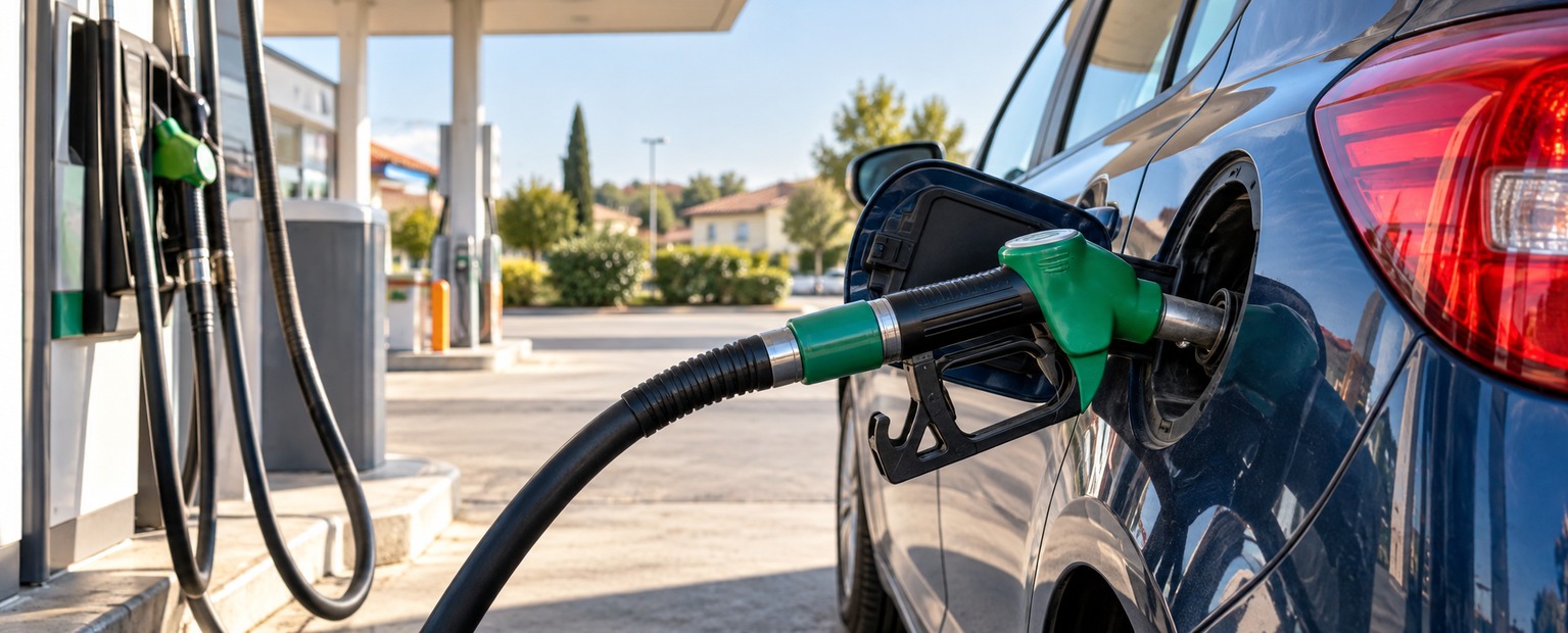 Un pistolet de carburant est inséré dans le réservoir d’une voiture bleue, dans une station-service ensoleillée, sans personne.