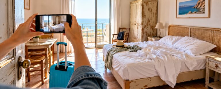 Voyageur photographiant à son arrivée une chambre de location différente de l’annonce, avec une valise au premier plan.
