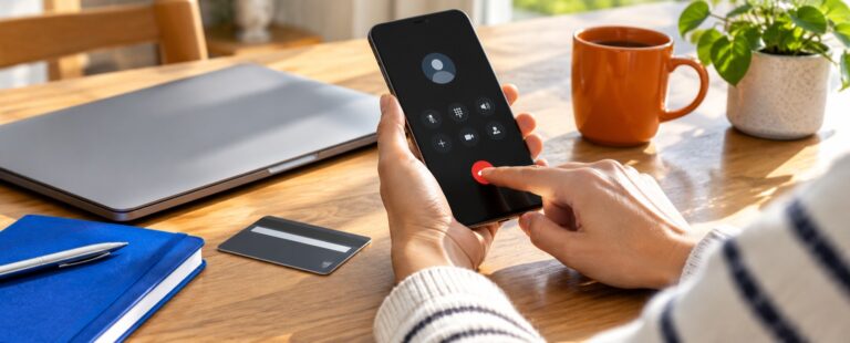 Main interrompant un appel sur un smartphone posé près d’un ordinateur et d’une carte bancaire retournée.