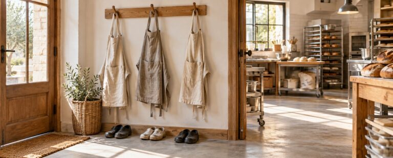 Trois tabliers suspendus près de l’entrée d’un atelier de boulangerie éclairé par la lumière du matin.