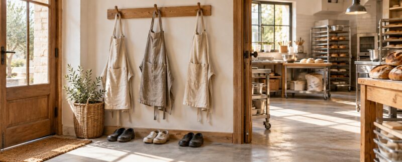 Trois tabliers suspendus près de l’entrée d’un atelier de boulangerie éclairé par la lumière du matin.