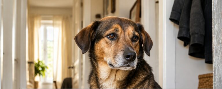 Un chien brun dans l’encadrement d’une porte, éclairé par la lumière naturelle du logement.