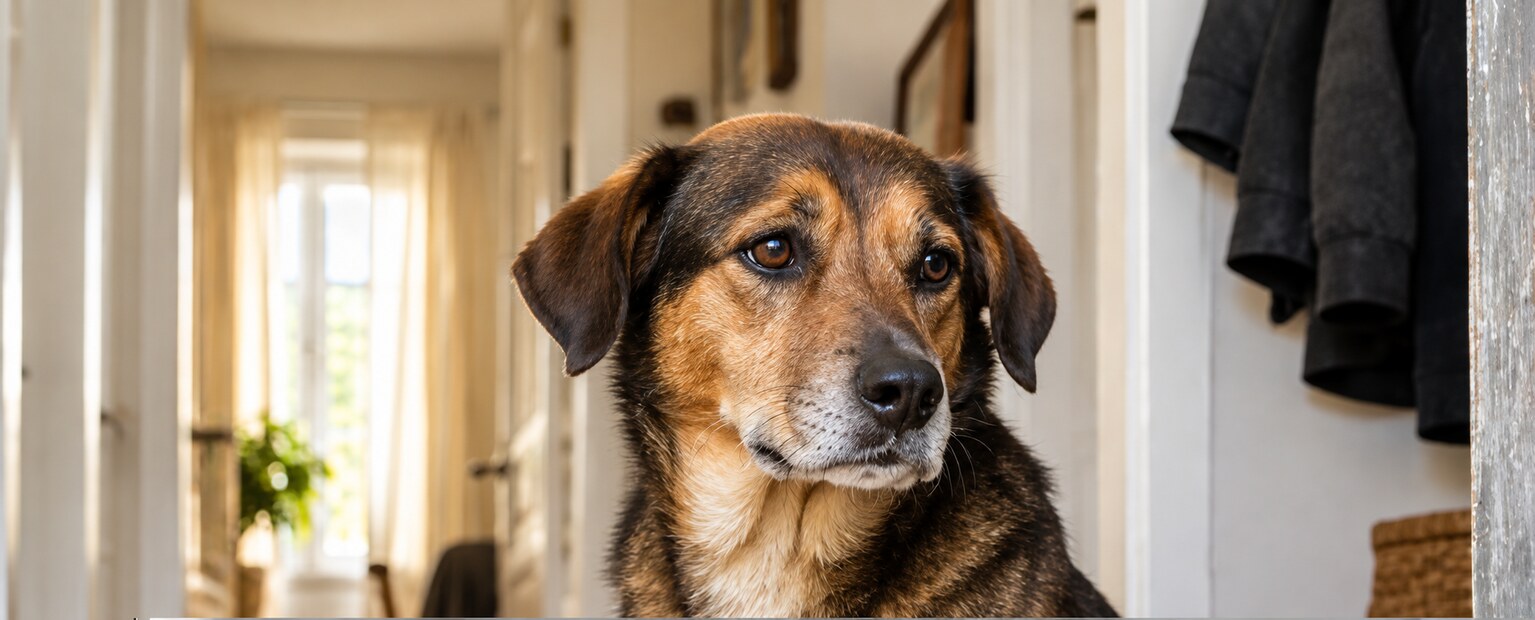 Un chien brun dans l’encadrement d’une porte, éclairé par la lumière naturelle du logement.