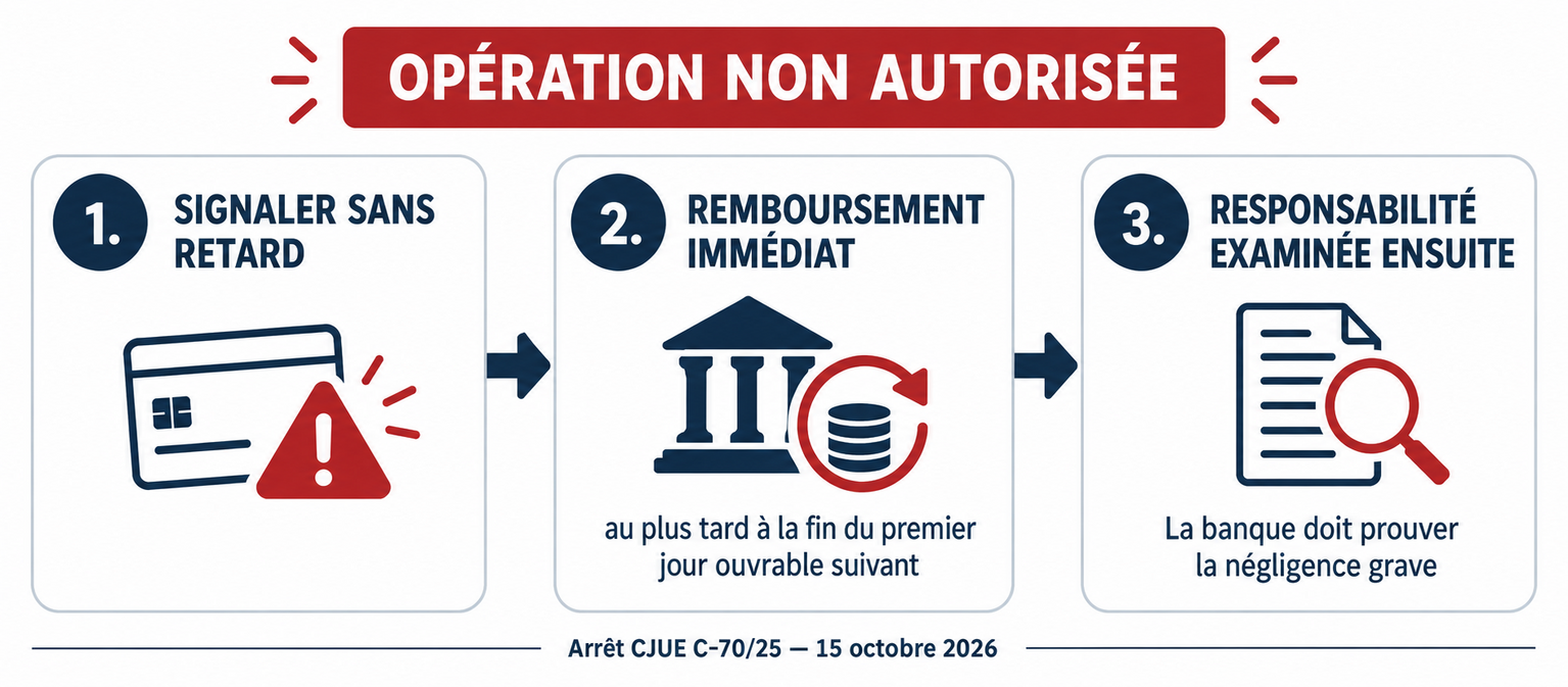 Infographie en trois étapes : signaler sans retard, remboursement immédiat, puis examen de la responsabilité.