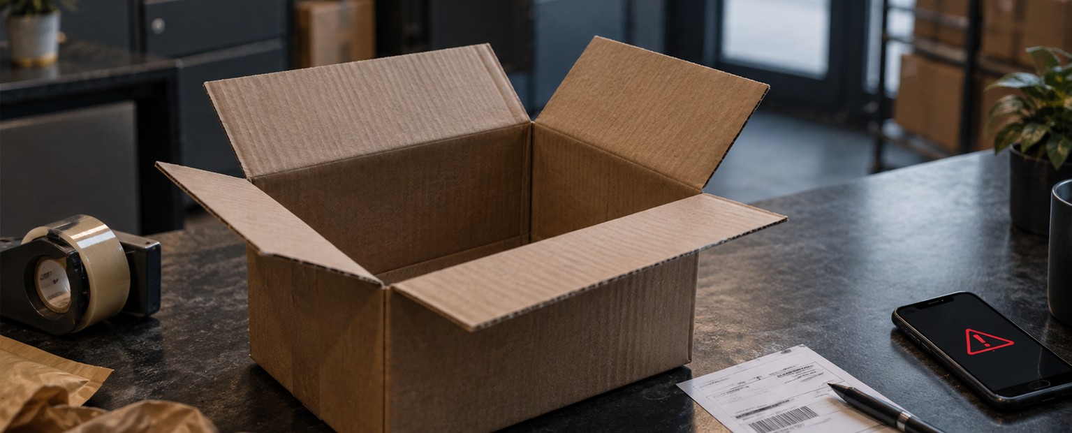Un carton ouvert et du matériel d’emballage sur une table.