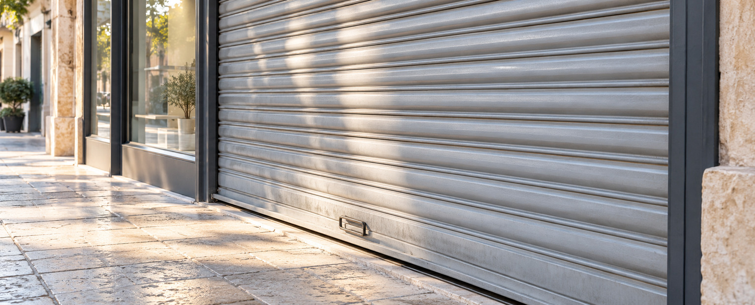 Un rideau métallique fermé devant une boutique, éclairé par la lumière du matin.