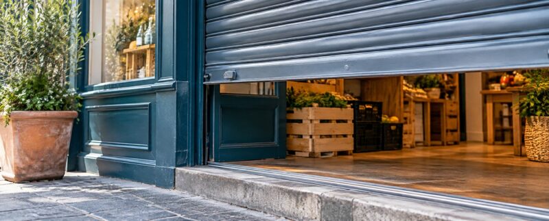 Rideau métallique partiellement relevé à l’entrée d’un petit commerce éclairé par la lumière du jour.