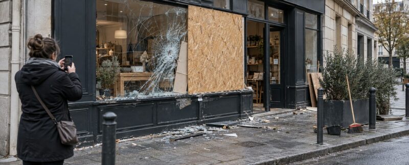 Une commerçante photographie une vitrine endommagée avant les démarches d’assurance.