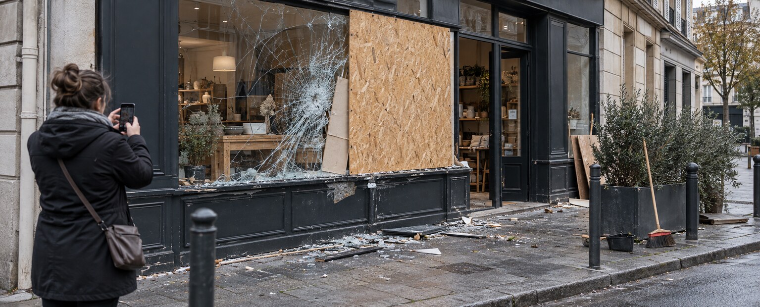 Une commerçante photographie une vitrine endommagée avant les démarches d’assurance.