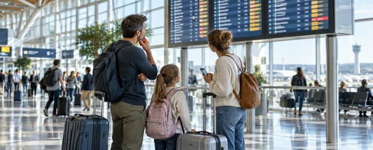 Famille consultant un tableau de départs dans un aéroport après l’annulation d’un vol.