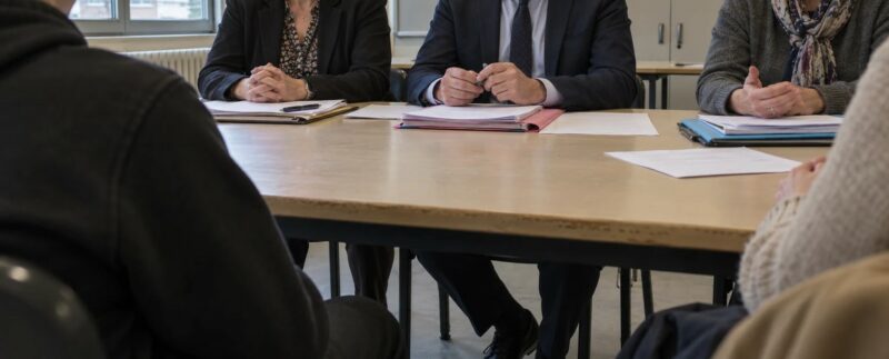 Un élève fait face à des adultes réunis autour d’une table.