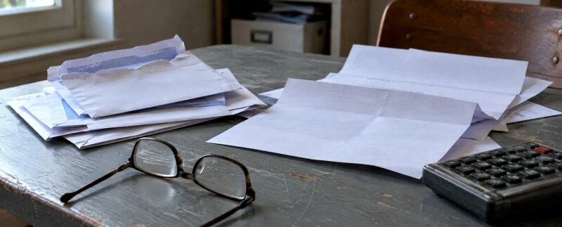 Des courriers, des lunettes et une calculatrice sur un bureau.