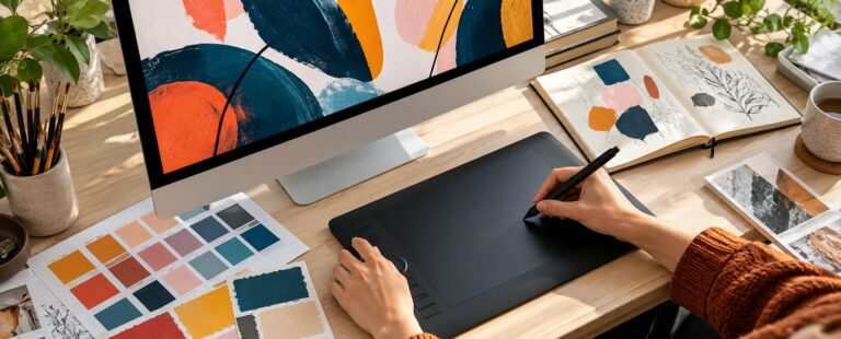 Les mains d’une graphiste utilisent un stylet sur une tablette graphique.