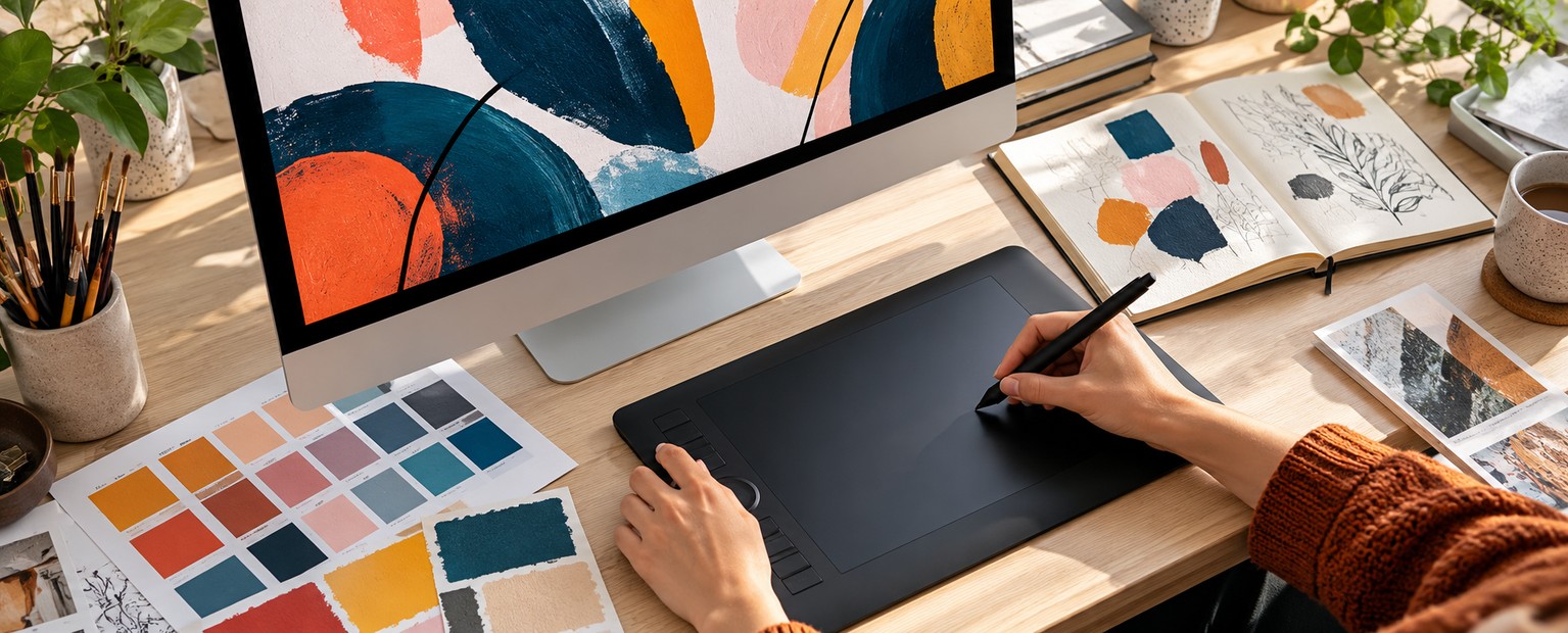 Les mains d’une graphiste utilisent un stylet sur une tablette graphique.