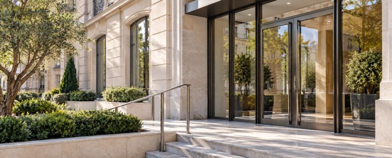 Entrée vitrée, façade en pierre claire et plantations devant un immeuble de bureaux éclairé par le soleil.
