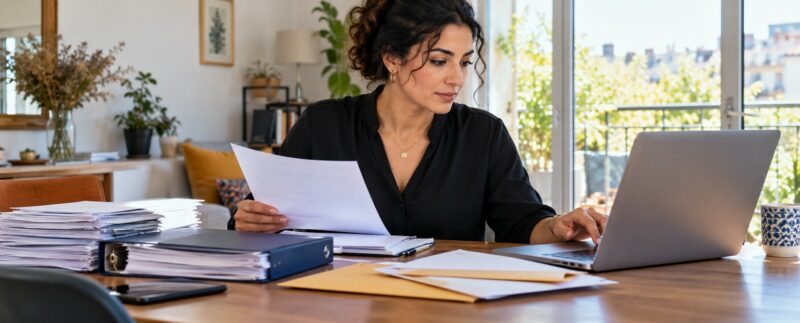 Une femme prépare un dossier administratif sur papier et sur ordinateur.