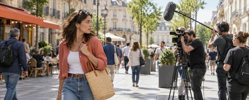 Une passante remarque une équipe de tournage dans une rue en plein jour.