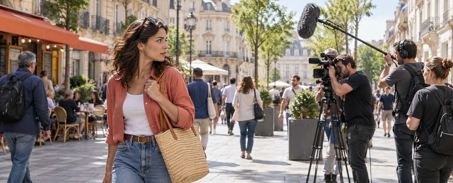 Une passante remarque une équipe de tournage dans une rue en plein jour.