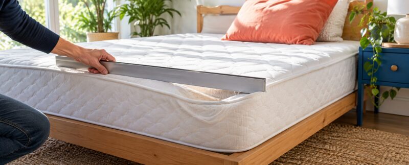 Main mesurant un coin affaissé d’un matelas avec une règle droite dans une chambre lumineuse.