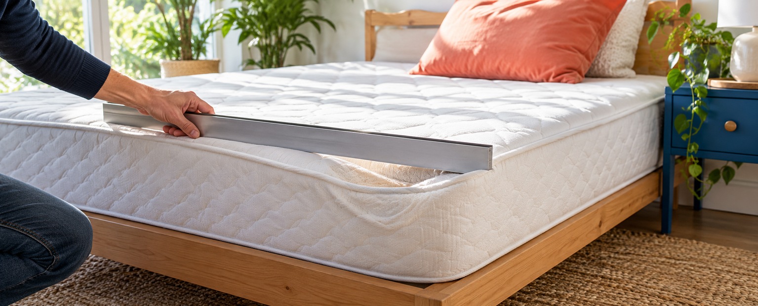 Main mesurant un coin affaissé d’un matelas avec une règle droite dans une chambre lumineuse.