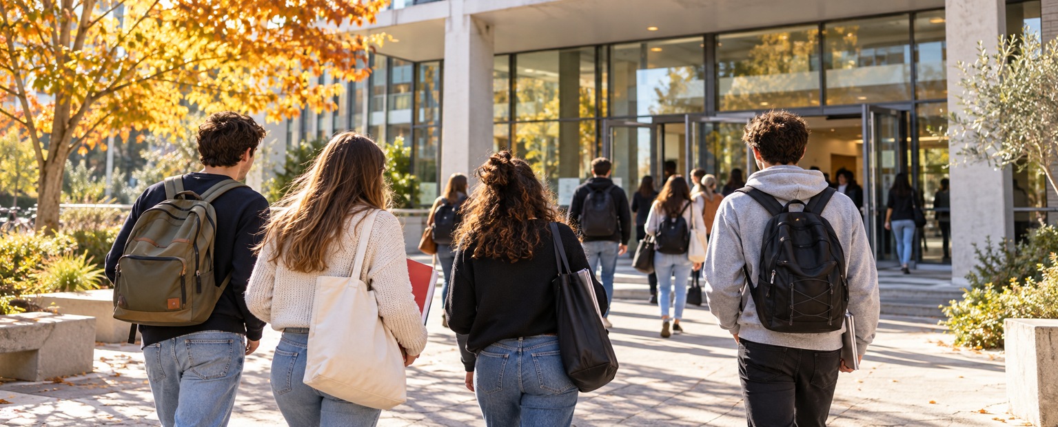 Illustration d’étudiants se dirigeant vers un bâtiment universitaire
